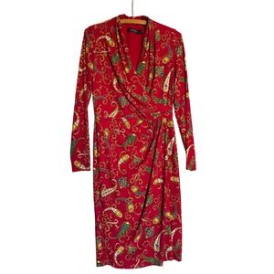 Lauren Ralph Lauren Paisley Print Wrap Dress 4 Long‎ Sleeve Midi Stretch Career